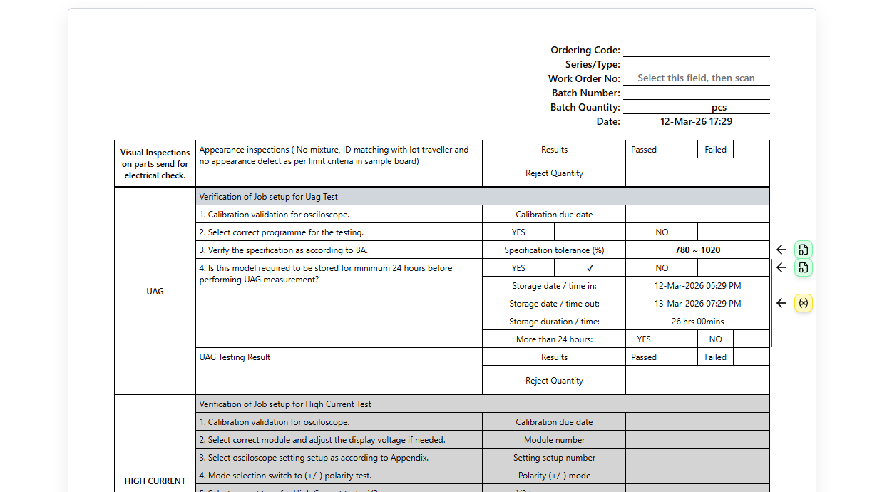 Digital forms interface for manufacturing workflows
